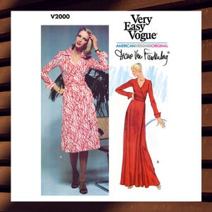 May include: Vintage sewing pattern featuring two dress designs. One dress is a midi-length wrap dress with a red and white pattern. The other is a long, solid red wrap dress. The pattern is labeled "Very Easy Vogue" and "American Designer Original Diane Von Furstenberg."