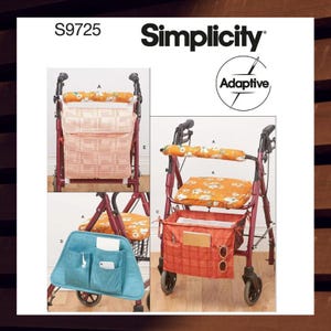 Könnte beinhalten: Simplicity S9725 Schnittmuster für adaptives Rollatorzubehör. Das Bild zeigt einen roten Rollator mit verschiedenen Stoffaccessoires, darunter Sitzkissen und Aufbewahrungstaschen in orangefarbenen Blumen- und Pfirsichmustern. Das Schnittmuster enthält auch eine blaue Aufbewahrungstasche mit Taschen.