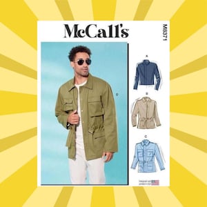 May include: McCall's sewing pattern M8371 featuring a green jacket with multiple pockets and a drawstring waist. The pattern includes illustrations of the jacket in different colors and styles. The cover shows a person wearing the jacket.