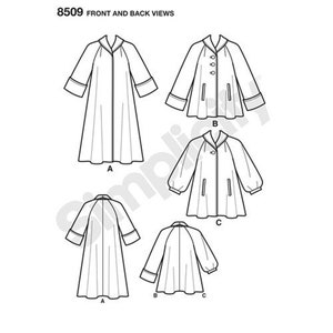 May include: A black and white sewing pattern illustration labeled 8509 FRONT AND BACK VIEWS. It displays three coat designs: A, a long coat; B, a shorter coat with buttons; and C, a shorter coat with a single button and gathered sleeves.