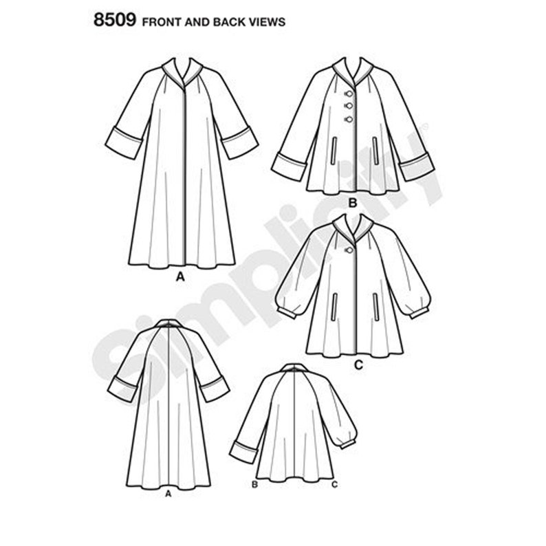 May include: A black and white sewing pattern illustration labeled 8509 FRONT AND BACK VIEWS. It displays three coat designs: A, a long coat; B, a shorter coat with buttons; and C, a shorter coat with a single button and gathered sleeves.