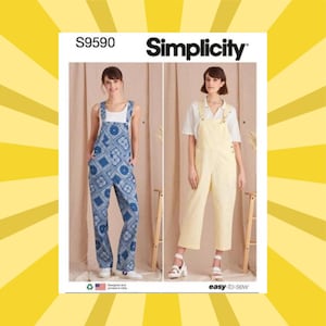 May include: Simplicity sewing pattern S9590 featuring two pairs of overalls. One pair is blue with a white geometric pattern, and the other is a pale yellow. The words "easy-to-sew" are printed on the pattern.