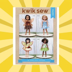 May include: Kwik Sew pattern K4280 for 14 inch fairy doll clothes. The packaging features four dolls wearing various fairy outfits with wings, including a brown dress, a blue dress, a yellow dress, and a green dress, all displayed on circular bases.