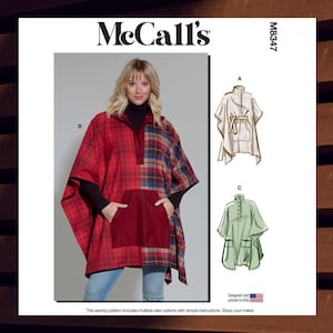 May include: A sewing pattern for a poncho with three different view options. The pattern includes a red and black plaid poncho, a beige poncho with a tie belt, and a green poncho. The pattern is designed and printed in the USA.