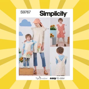 May include: Simplicity sewing pattern S9767. The pattern features a woman and child wearing aprons with floral and gingham designs. The aprons have ruffled sleeves and are paired with jeans. The image includes the text "easy-to-sew".