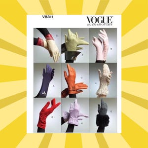 May include: A variety of gloves in different colors and styles are displayed. The image includes gloves in shades of red, orange, pink, purple, and black. The Vogue Accessories logo is visible at the top. The gloves are shown on hands.