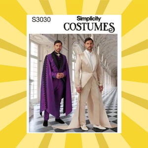 May include: Simplicity Costumes pattern S3030 featuring two formal wear designs. One is a purple suit with a cape and black trim. The other is a cream-colored suit with a long train. The background is a grand hall.