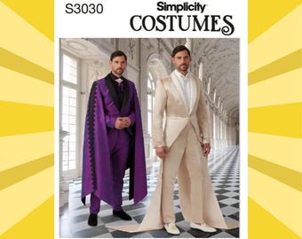 Patrón de costura para traje dramático de hombre - Tallas 34, 36, 38, 40, 42 o 44, 46, 48, 50 y 52 - Sin cortes - Simplicity 3030 S3030