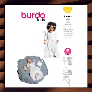 May include: A white baby dress and bonnet set, along with a baby sleeping bag, are featured in this image. The Burda Kids pattern includes a dress, bonnet, and sleeping bag. The image also shows a baby wearing the dress and a baby in the sleeping bag.