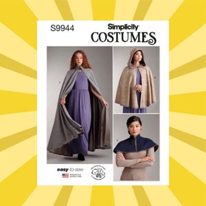 May include: Simplicity Costumes sewing pattern featuring three cape designs. The image shows a woman wearing a long gray cape over a purple dress, a hooded cape, and a navy blue capelet. The pattern includes the text "easy-to-sew".