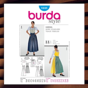 May include: A Burda Style sewing pattern for a Dirndl, a traditional Bavarian dress. The pattern features illustrations of the dress in different styles, with size charts in US and European sizes. The cover has the number 8448 and the words "Burda Style".