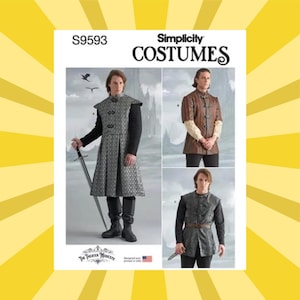 May include: Simplicity Costumes pattern S9593 showcases medieval costume designs. The pattern includes options for a long coat, a short-sleeved tunic, and a vest, all with detailed embellishments. The image shows the finished garments on models, offering visual inspiration for costume creation.