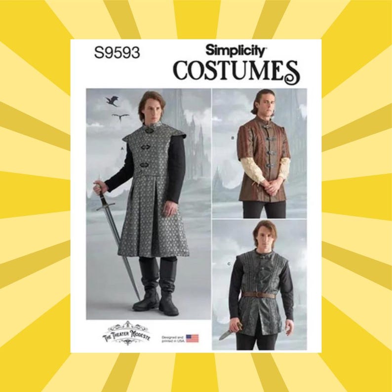 May include: Simplicity Costumes pattern S9593 showcases medieval costume designs. The pattern includes options for a long coat, a short-sleeved tunic, and a vest, all with detailed embellishments. The image shows the finished garments on models, offering visual inspiration for costume creation.