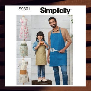 May include: Simplicity sewing pattern S9301 featuring aprons. The image shows a variety of apron designs, including floral and solid colors. A man and a child are wearing blue and tan aprons, respectively. The Simplicity logo is visible.