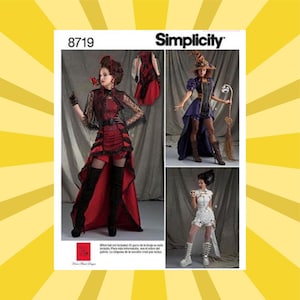 May include: Simplicity sewing pattern featuring three costume designs. The costumes include a red and black dress with a long train, a witch costume with a purple and black bodice, and a white costume with a high collar. The pattern number is 8719.