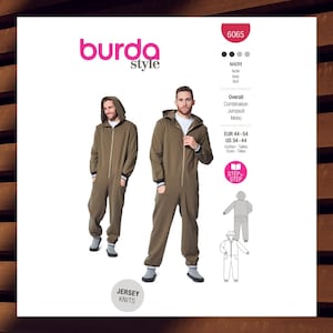 Easy Sewing Pattern for Mens Hooded Overalls - Size 34 36 38 40 42 44 (EUR 44-54) Fleece, Zip Front - UNCUT F/F - Burda 6065