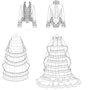 May include: Line drawings of a jacket and skirt. The jacket has a high collar, decorative trim, and ruffled cuffs. The skirt features multiple layers of ruffles and a bow detail on the back. The designs are in black and white.