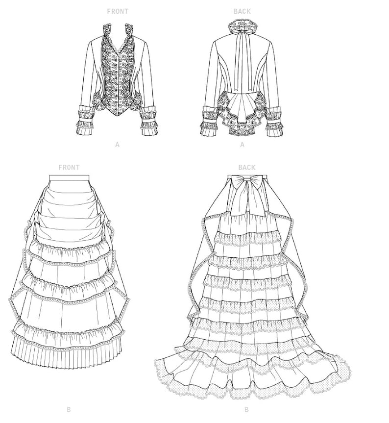 May include: Line drawings of a jacket and skirt. The jacket has a high collar, decorative trim, and ruffled cuffs. The skirt features multiple layers of ruffles and a bow detail on the back. The designs are in black and white.
