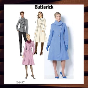 May include: A sewing pattern for a coat with four different styles. The pattern is called Butterick B6497.