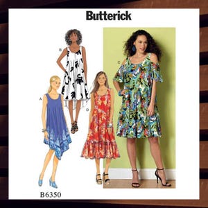 May include: A sewing pattern for four different dresses. The pattern is called Butterick B6350. The dresses are all sleeveless and have a casual, flowy style. One dress is white with black geometric shapes, one is blue with white trim, one is red with floral print, and one is green with a floral print.