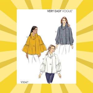 Puede incluir: Un patr&oacute;n de costura de Very Easy Vogue con tres dise&ntilde;os de chaqueta. Las chaquetas tienen diferentes estilos de mangas y cuellos. El patr&oacute;n incluye una chaqueta amarilla, blanca y gris. El n&uacute;mero de patr&oacute;n es V9347.