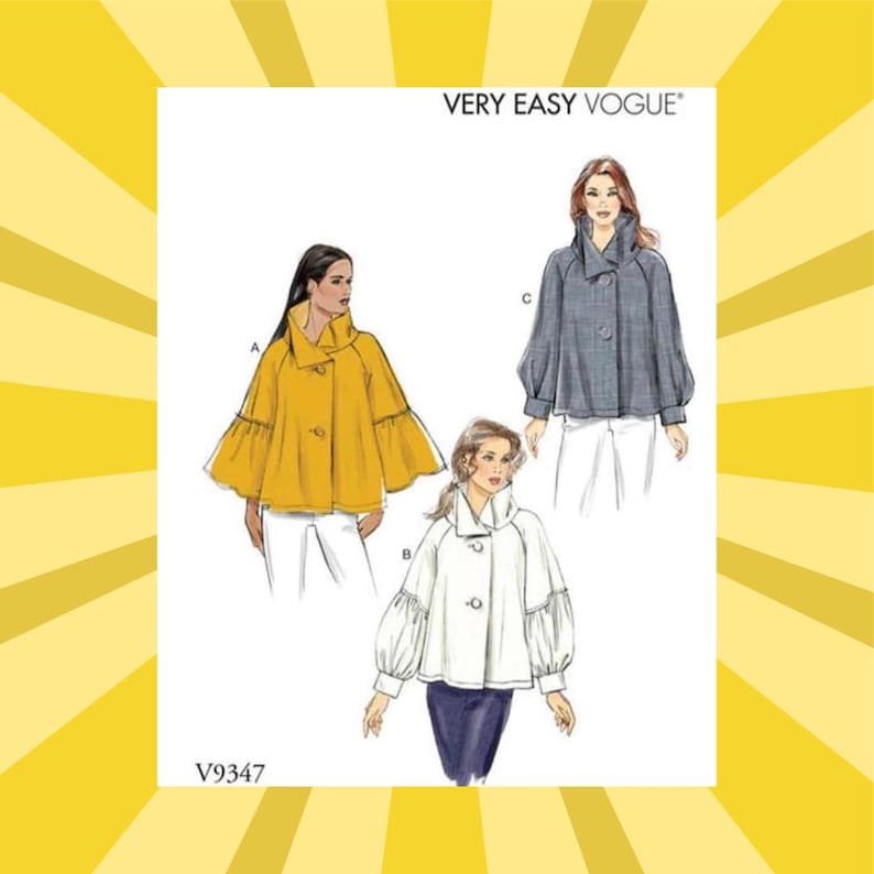 Puede incluir: Un patr&oacute;n de costura de Very Easy Vogue con tres dise&ntilde;os de chaqueta. Las chaquetas tienen diferentes estilos de mangas y cuellos. El patr&oacute;n incluye una chaqueta amarilla, blanca y gris. El n&uacute;mero de patr&oacute;n es V9347.