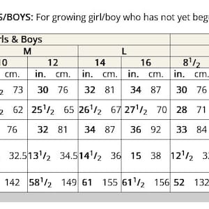 May include: A sizing chart titled GIRLS/BOYS for growing children who have not yet begun to mature. The table displays measurements in inches and centimeters for chest, waist, hip, back waist length, and height across sizes S, M, L, and Girls Plus.