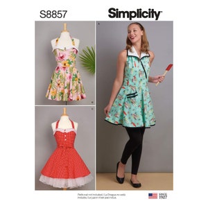 Sewing Pattern for Womens Aprons, 3 Rockabilly-Inspired Full Aprons - Simplicity S8857 Size S(10-12), M(14-16), L(18-20) -  - NEW UNCUT F/F