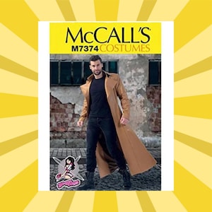 May include: McCall's M7374 Costumes pattern featuring a tan trench coat. The pattern includes a photo of a person wearing the coat, black pants, and boots. The background is a brick wall.