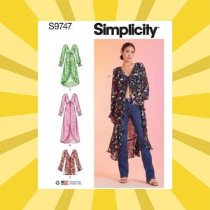 May include: Simplicity sewing pattern S9747 features three dress designs. The image shows a woman wearing a floral print duster with blue jeans. The pattern includes a green, pink, and floral print dress design. The pattern is designed and printed in the USA.