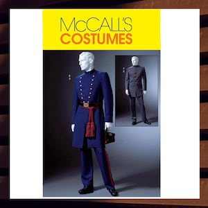 May include: A McCall's Costumes pattern for a blue military uniform with a red sash and gold buttons. The pattern includes instructions for a long coat, pants, and a hat.
