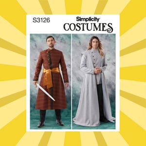 May include: Simplicity Costumes pattern S3126 features two costume designs. One is a long, reddish-brown coat with a gold sash and black trim. The other is a long, light gray coat with a high collar and button details.