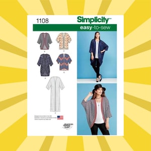 Könnte beinhalten: Simplicity easy-to-sew Schnittmuster 1108. Das Muster zeigt Illustrationen verschiedener Kimono-Kleidungsstücke mit unterschiedlichen Designs. Das Bild enthält auch Fotos der fertigen Kleidungsstücke beim Tragen. Das Muster enthält die amerikanische Flagge.