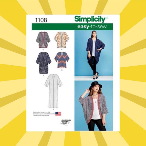 Easy Sewing Pattern for Womens Kimonos - Size XXS XS S M L XL 2XL (4-26) Length & Sleeve Options - Uncut F/F - Simplicity 1108 S1108