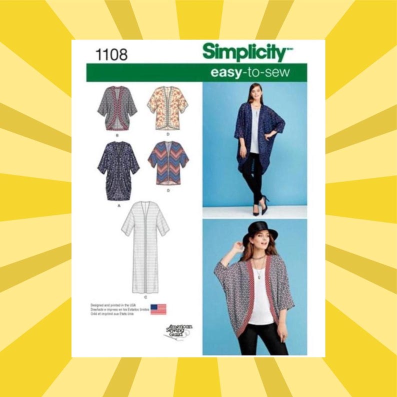 May include: Simplicity 1108 easy-to-sew pattern envelope featuring illustrations and photographs of various open-front kimono-style cardigans. The designs include different sleeve lengths and patterns, displayed on models wearing white tops and black pants.