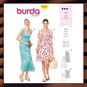 May include: A Burda Style sewing pattern, number 6312, featuring two dress designs. One is a long, light blue dress, and the other is a white dress with red floral patterns. The pattern includes sizing information for US sizes 6-18.