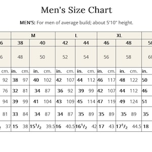 May include: Men's size chart showing measurements in inches and centimetres. Includes chest, waist, hip, shirt sleeve, and neckband sizes, from XS to XXXL. The chart is for men of average build, approximately 5'10" in height.