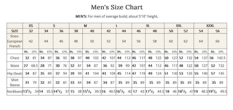 May include: Men's size chart showing measurements in inches and centimetres. Includes chest, waist, hip, shirt sleeve, and neckband sizes, from XS to XXXL. The chart is for men of average build, approximately 5'10" in height.