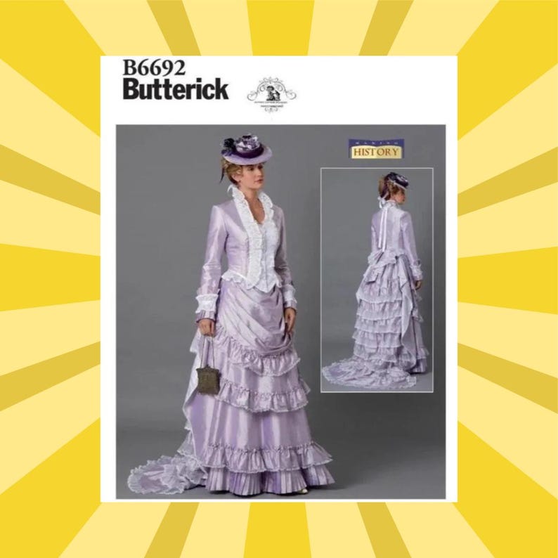 May include: A sewing pattern for a historical dress, featuring a lilac-colored gown with a ruffled skirt and a matching jacket. The pattern includes a smaller image of the dress from the back. The pattern is labeled "B6692 Butterick".