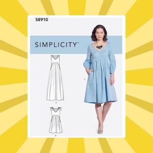 May include: Simplicity sewing pattern S8910 featuring a light blue dress with long sleeves and a V-neck. The pattern includes line drawings of two dress styles. The Simplicity logo is visible at the top of the pattern.