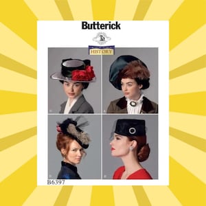 May include: A Butterick sewing pattern featuring four vintage hat designs. The hats include a silver-brimmed hat with red flowers, a dark green hat with fur trim, a black hat with feathers, and a black hat with a veil and a decorative circle.