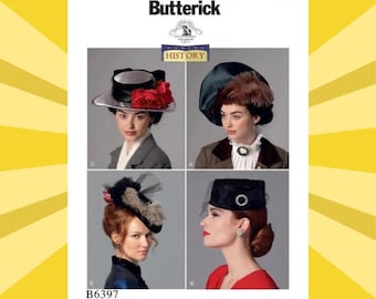 May include: A Butterick sewing pattern featuring four vintage hat designs. The hats include a silver-brimmed hat with red flowers, a dark green hat with fur trim, a black hat with feathers, and a black hat with a veil and a decorative circle.