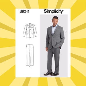 May include: Simplicity pattern S9241 features a gray suit with a two-button blazer and matching trousers. The image shows a man wearing the suit, along with a line drawing of the blazer and pants. The Simplicity logo is displayed at the top.