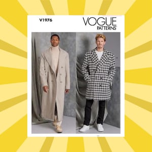 May include: Vogue Patterns V1976. A sewing pattern featuring two long coats. One coat is a solid beige color, and the other is a black and white checkered pattern. The Vogue Patterns logo is in the upper right corner.