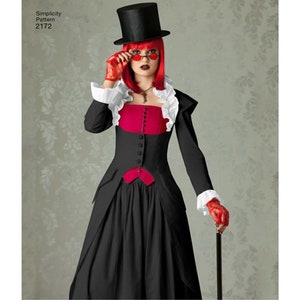 May include: A black and red gothic costume with a top hat, red-tinted glasses, and a cane. The costume features a black jacket with a red bodice and skirt, white ruffled collar and cuffs. The Simplicity Pattern 2172 is visible.