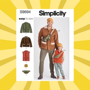 Easy Men and Boys Jacket, Vest, Hat & Crossbody Bag Sewing Pattern - Size Boys (S M L) + Men (S M L XL) - UNCUT F/F - Simplicity 9694 S9694