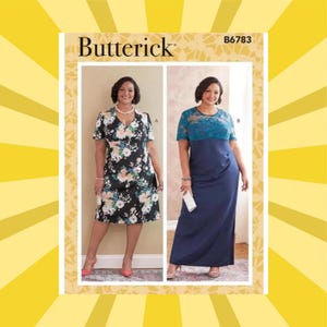 May include: Butterick sewing pattern B6783 featuring two dress variations. View A is a knee-length black dress with a floral print and short sleeves. View B is a floor-length navy blue dress with a teal lace bodice and short sleeves.