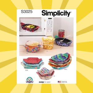 May include: Simplicity sewing pattern S3025 for microwave bowl cozies. The image shows various finished cozies in different colours and patterns, with text that reads "easy-to-sew".