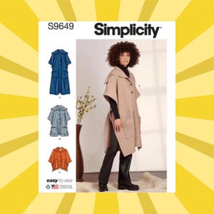 May include: A Simplicity sewing pattern, S9649, featuring a woman wearing a tan cape with a large collar and pockets. The pattern includes three variations of capes in blue, gray, and orange. The text "easy-to-sew" is also visible.