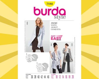 Very Easy Sewing Pattern for Womens Jackets - Size 10 12 14 16 18 20 Open Front Jacket w/Length & Sleeve Options - Uncut F/F - Burda 7184